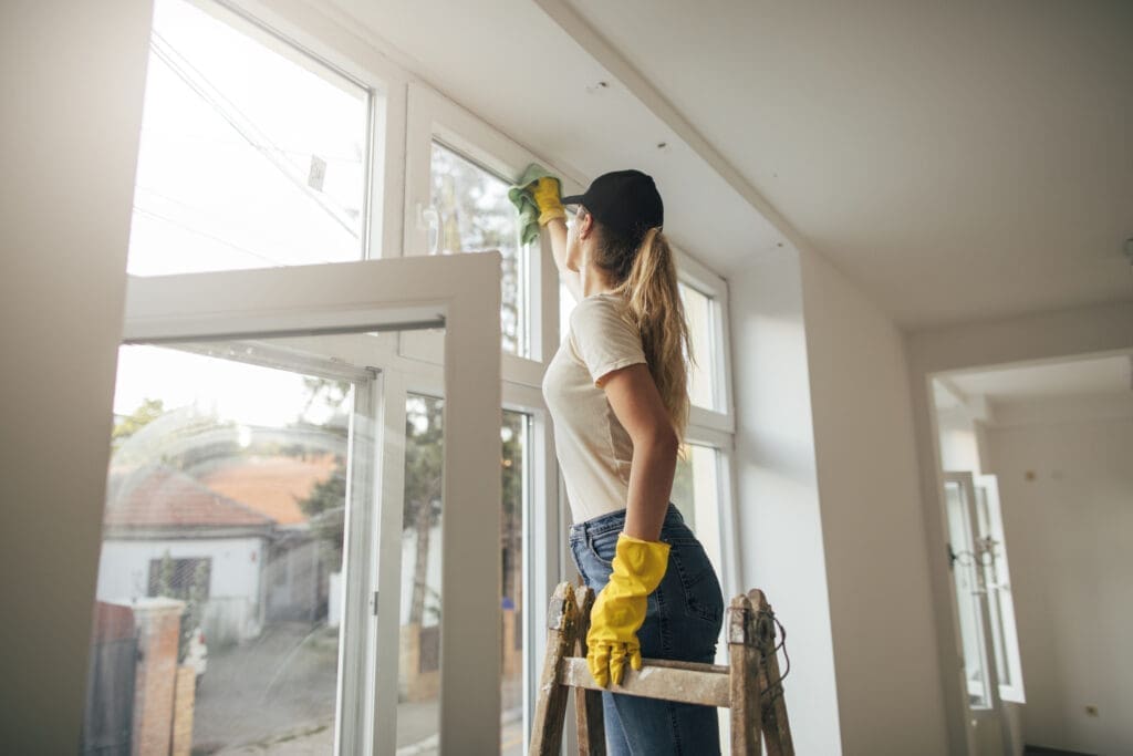 Woman in yellow gloves cleaning window with a yellow rag